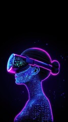 AI female avatar wearing VR glasses with neon blue and purple hues on her skin, symbolizing AR construction and futuristic technology, Augmented reality in construction safety