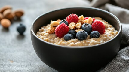 A nourishing bowl of oatmeal topped with fresh berries and nuts.