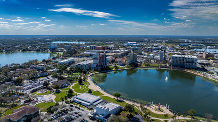 Lakeland, FL, USA - 02-23-2025:  Winter aerial image of the City of Lakeland, FL, Munn Park Historic District.