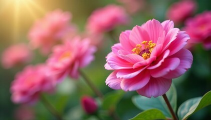 Obraz premium Close-up shot of blooming flowers in a soft focus blur, garden, vibrant