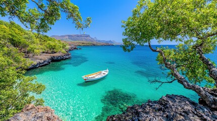 Obraz premium Tranquil island cove, boat, turquoise water, sunny day, travel brochure