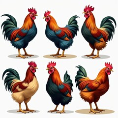 Fototapeta premium Set of 6 Colorful Rooster Illustrations on White Background