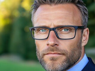 Elevate Your Brand Professional Business Portrait Featuring a Clean-Cut Man Project Confidence and Authority with a Neat Hairstyle and Polished Glasses Showcase Your Personal Branding with a