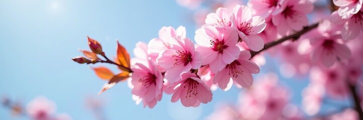 Fototapeta premium Close up shot of pink cherry blossoms blooming on a sunny day, pink, nature, spring