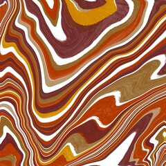 Abstract artwork featuring swirling, wavy patterns in earthy tones of brown, red, orange, and mustard yellow. The colors are interwoven with bold, flowing white lines, creating a dynamic