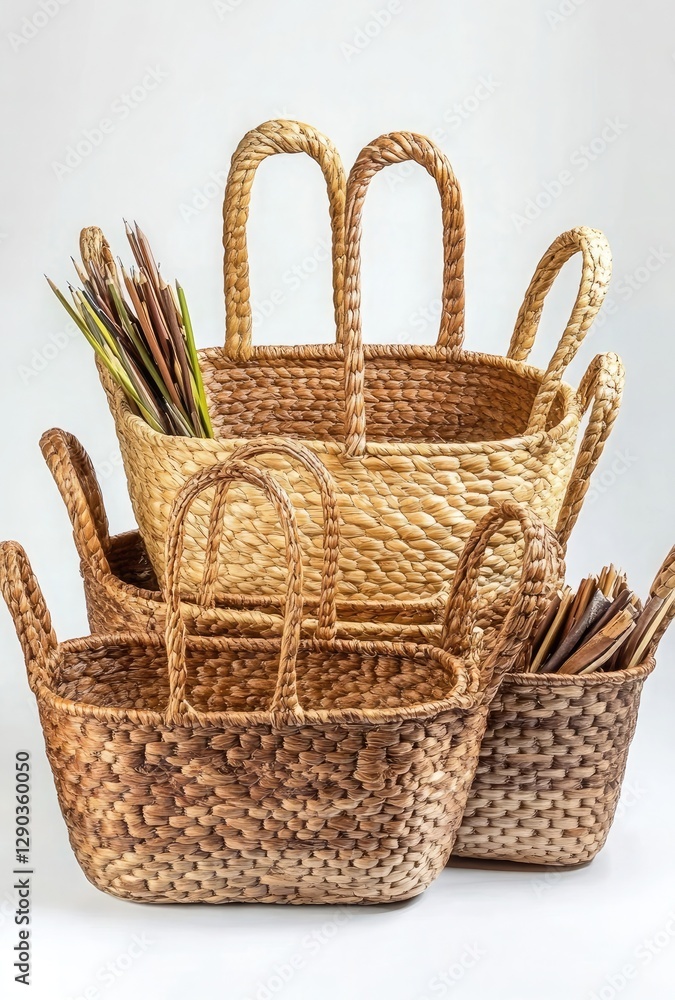Poster the set of woven baskets is arranged in the shape of an oval, with different sizes and design