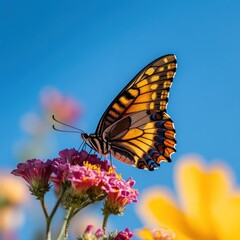 Obraz premium Butterfly on flower, sunny sky background