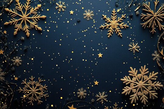 Midnight Winter Wonderland: Elegant Dark Blue Background with Golden Snowflakes and the Number Seven. Perfect for festive designs, holiday cards, winter themes, luxurious branding, and sophisticated  