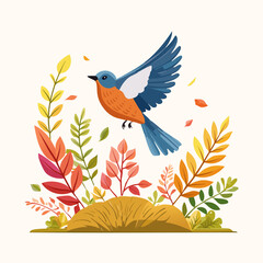 Obraz premium Illustration of Blue Bird Flying Above Colorful Floral Nature Scene