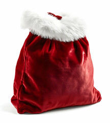 Red velvet Santa bag with white fur collar, solid white background