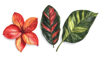Obraz premium Tropical leaves and flower, flat lay, isolated, botanical design
