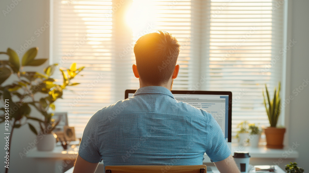 Poster man working in home office, focused on his computer screen with sunlight streaming in
