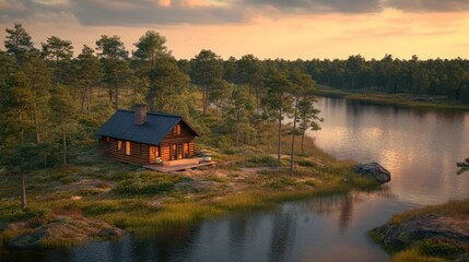 Obraz premium Lakeside cabin at sunset, nestled in a pine forest
