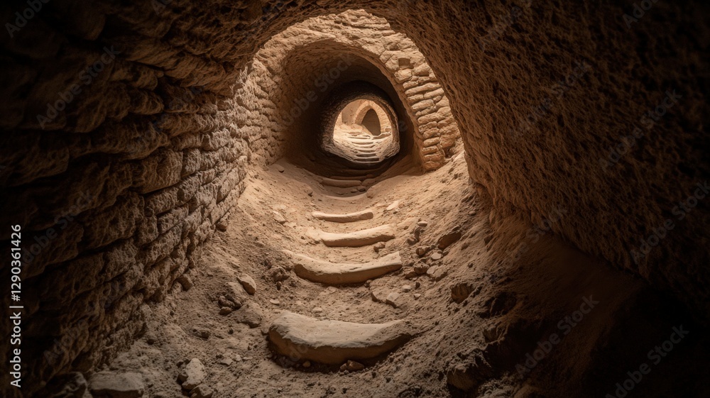 Poster descending stone steps in a dark earthen tunnel