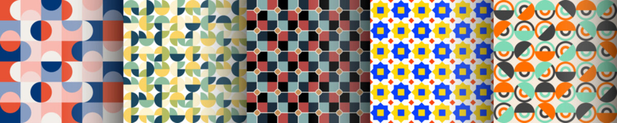 Set of geometric seamless pattern with square, rounded, circle, triangle and abstract shape. Five style colorful vector background.