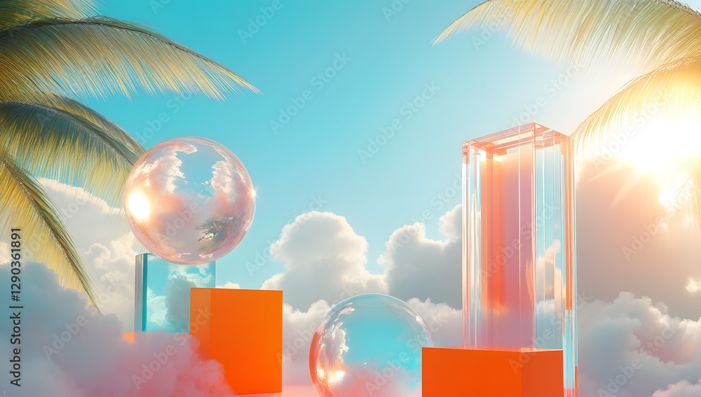 Poster Pastel geometric display on cloudscape with palm trees