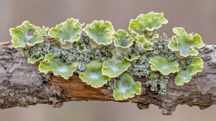 Light green fungi on a log in a natural environment
