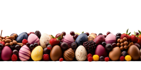 Easter background with colorful chocolate egg with berries 3d render png.