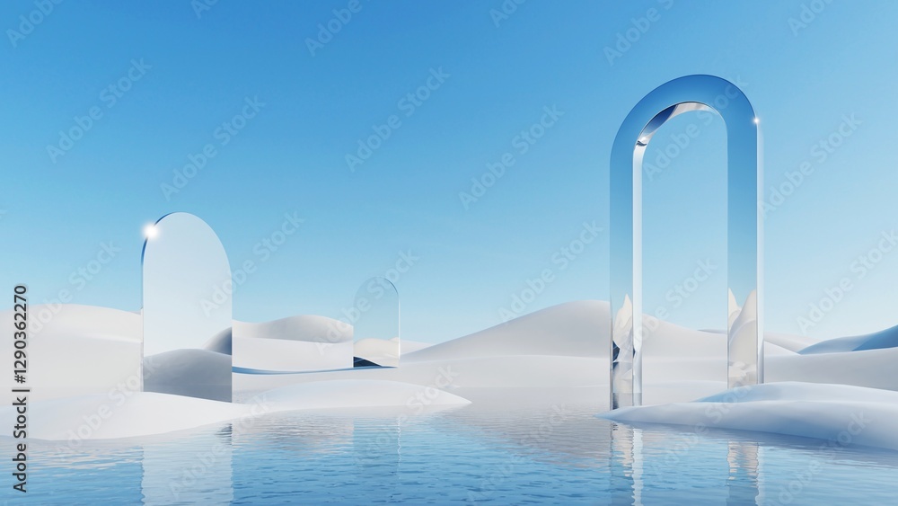 Poster 3d illustration of abstract minimal architecture background, geometric architectural with chrome or metallic design, Surreal landscape