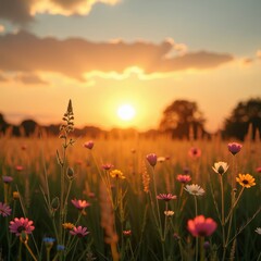 Golden Sunset Over Wildflower Meadow with Warm Light