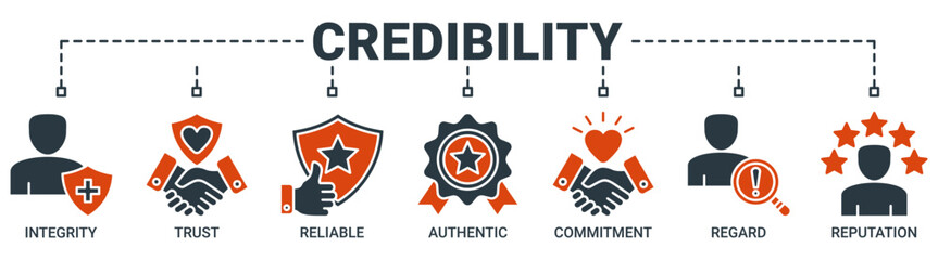 Credibility banner web icon vector illustration concept with icon of integrity, trust, reliable, authentic, commitment, regard, and reputation icons. Solid color symbol background.