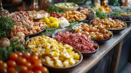 Catering buffet displaying variety of delicious food for events