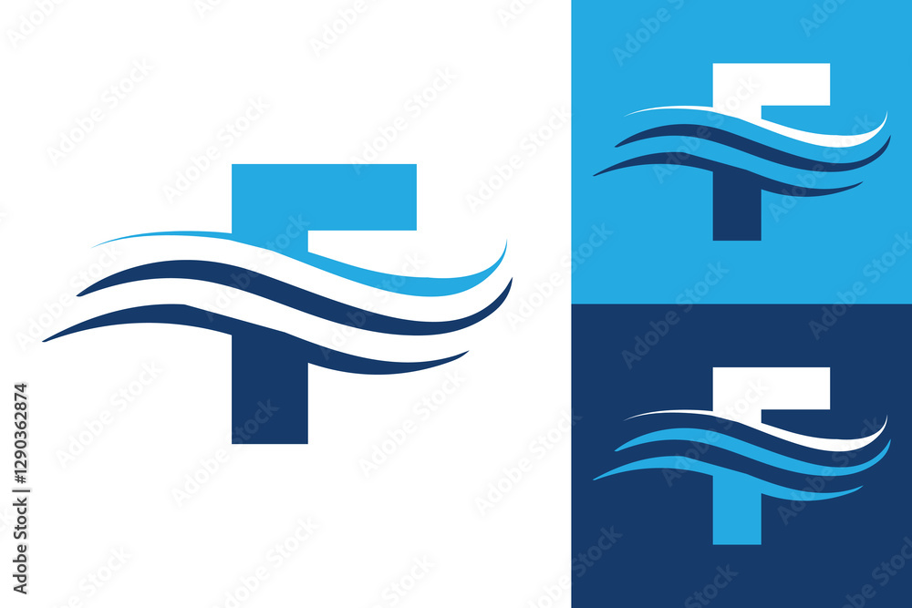 Poster the image shows a flat logo design of an initial letter f with three wavy lines cut through it in bl