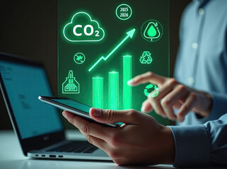 The person in the photo is wearing a white shirt and looks clean and professional. She is using a stylus on a tablet computer, which appears as a holographic image of charts and icons including an upw