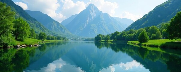 Lush greenery, serene mountain backdrop reflecting in calm waters, calm, nature