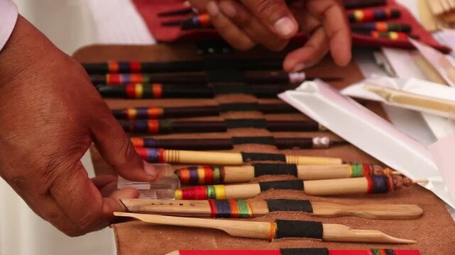 Wooden Handicraft Tools, Wood carving tools, 
Traditional tools for handcrafted wooden goods on wooden table, an artist setting his wodden tool kit
