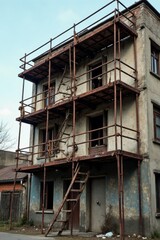 Rusting scaffolding clings to a derelict apartment building , steel scaffolding, city, decay