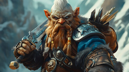 Fototapeta premium Fierce dwarven warrior with sword and arrows in snowy mountain setting