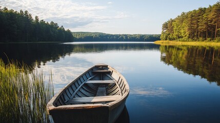 Fototapeta premium Serene lake scene with a small rowboat.