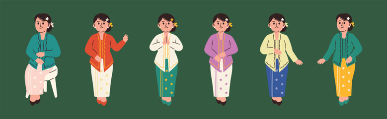 Woman Wear Indonesia Traditional Kebaya Attire with Various Poses