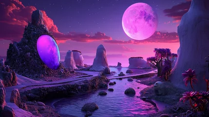  Surreal alien landscape with vibrant purple moon, glowing orbs, and unique flora. © Arc std.