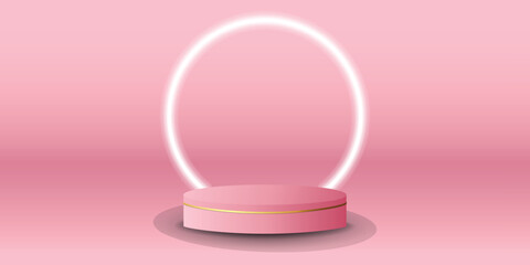 White neon light podium display with background the same color as the podium. Modern studio, wall scene fashion, stage podium scene with for Award Ceremony. 3D rendering.