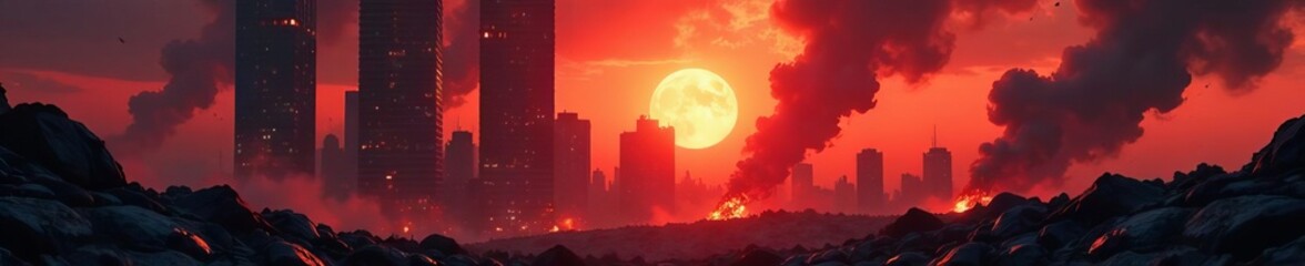Obraz premium Charred skyscrapers, undead surge through debris , world, survival, fire