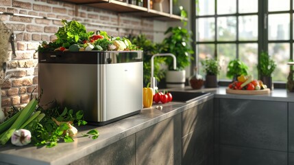 Modern Kitchen with Stylish Compost Bin and Fresh Vegetables Display