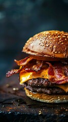 Burger with cheese and bacon on dark background.