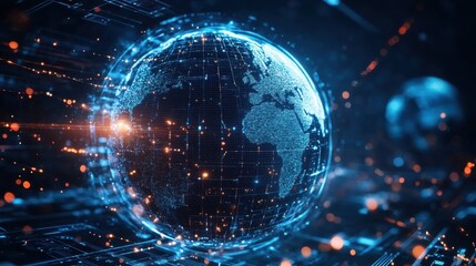 Futuristic Digital Earth Globe with Bright Lines and Nodes Representing Technology and Connectivity