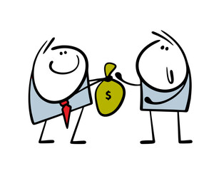 Fototapeta premium Sneaky banker gives a loan to a poor man. Vector illustration of a businessman sharing money, green bag with cash dollars. Isolated cartoon character on white background.