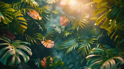 Lush Tropical Foliage with Sunlight Filtering Through Leaves