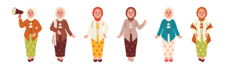 Muslim Indonesia Woman Wear Traditional Kebaya Clothing with Various Gesture