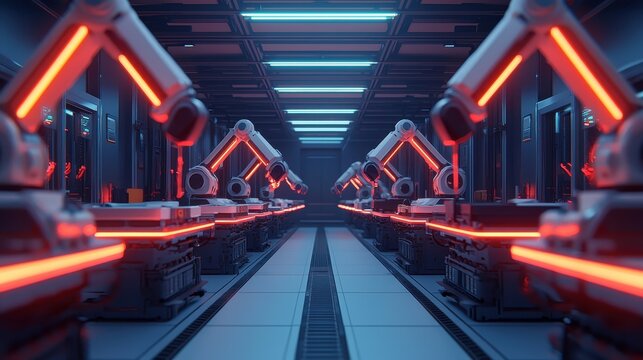 Futuristic Automated Factory with Robotic Arms and Neon Lighting in a High-Tech Environment