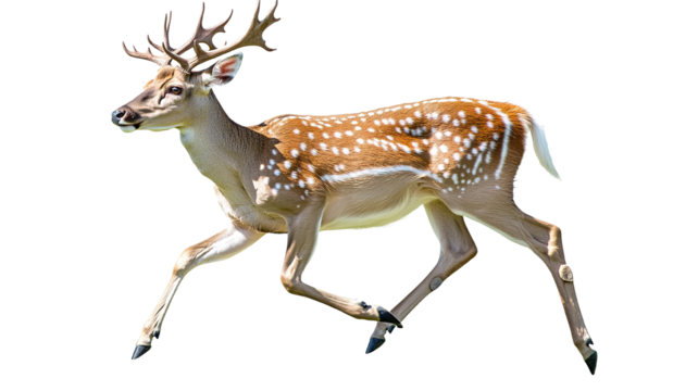 A graceful and elegant deer running through a meadow, with its antlers fully grown and its legs moving in perfect harmony, isolated on a transparent background.