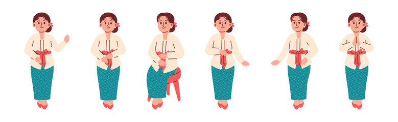 Asian Woman Wear Traditional Kebaya Clothing with Various Gesture