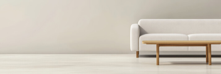 Modern living room setup with white sofa and wooden coffee table on light wooden floor