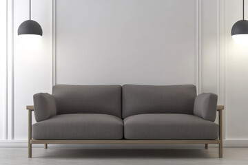 Modern gray sofa with simple design in a minimalistic living room setting with pendant lights