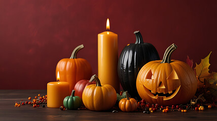 Colorful pumpkins, a carved jack-o'-lantern