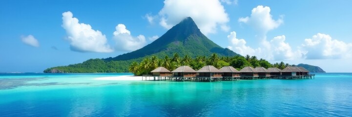 Overwater bungalows, crystal-clear lagoon, volcanic peak , view, mountain